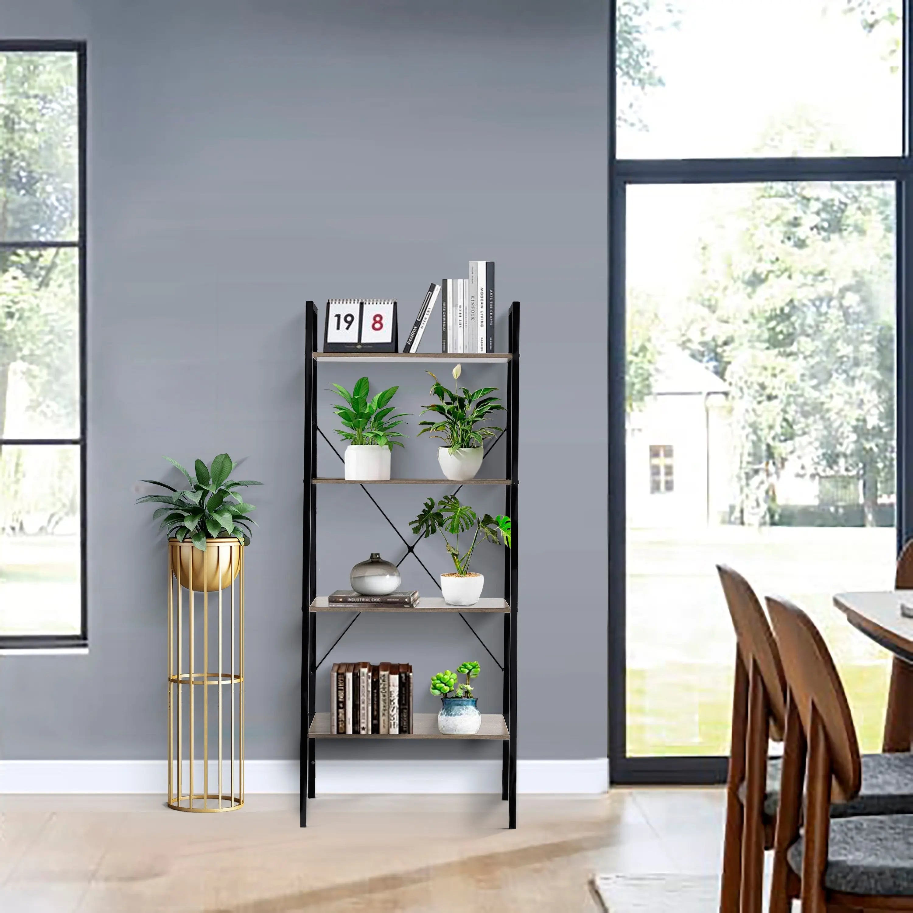 4-Shelf 58.3" x 23.62" W Wood and Metal Ladder Bookcase - LuxenHome
