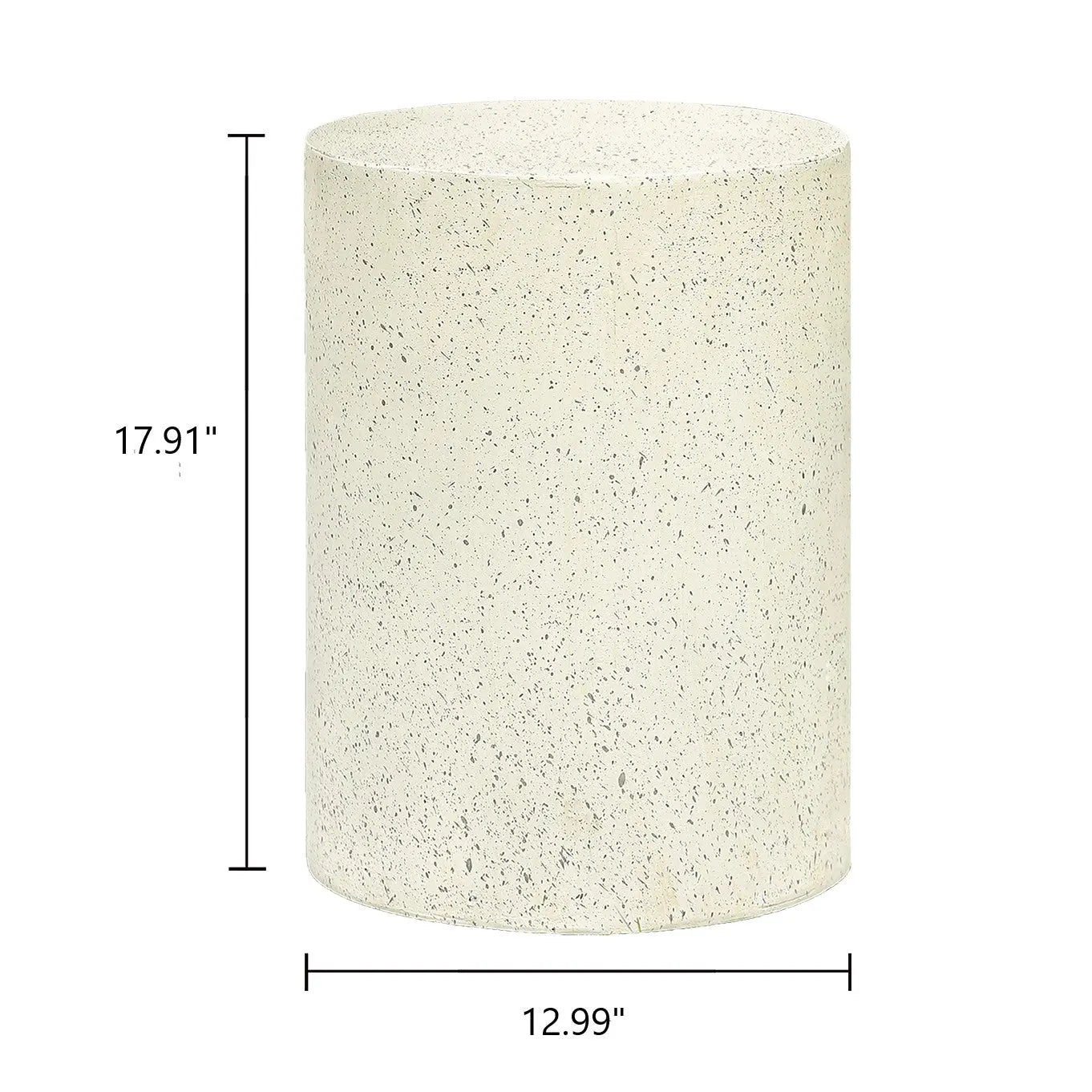 Cylindrical speckled beige stool or side table with contemporary design, measuring 17.91 inches high and 12.99 inches wide—perfect as modern patio table or stylish outdoor furniture accent.