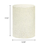 Cylindrical speckled beige stool or side table with contemporary design, measuring 17.91 inches high and 12.99 inches wide—perfect as modern patio table or stylish outdoor furniture accent.