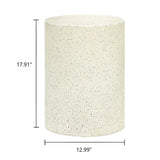 Cylindrical speckled beige stool or side table with contemporary design, measuring 17.91 inches high and 12.99 inches wide—perfect as modern patio table or stylish outdoor furniture accent.