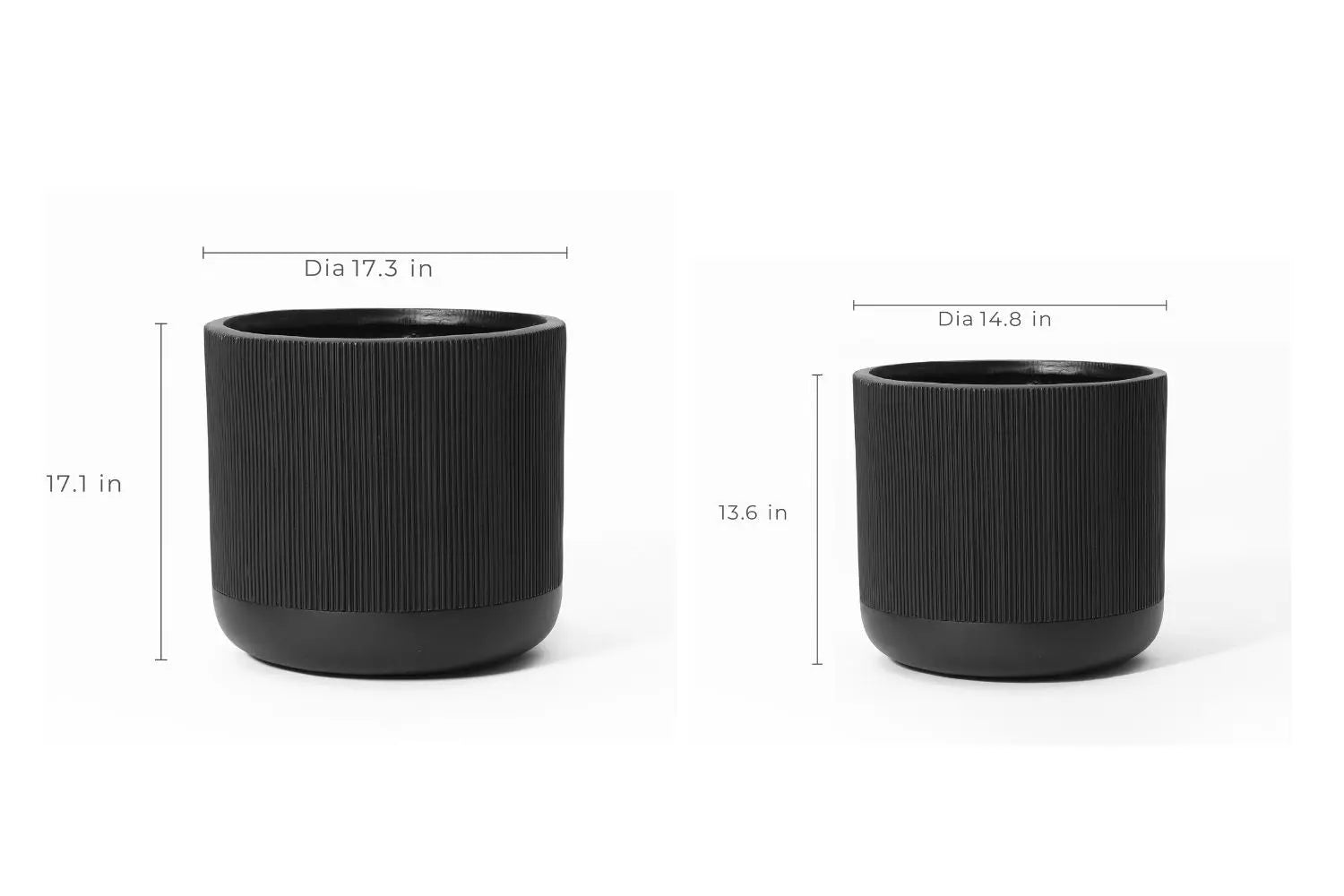 Two sleek black cylindrical planters crafted from magnesium oxide material come with precise measurements. One stands 17.1 inches tall by 17.3 inches in diameter and features a convenient drainage hole, while the other is 13.6 inches tall by 14.8 inches in diameter, perfect for modern spaces.