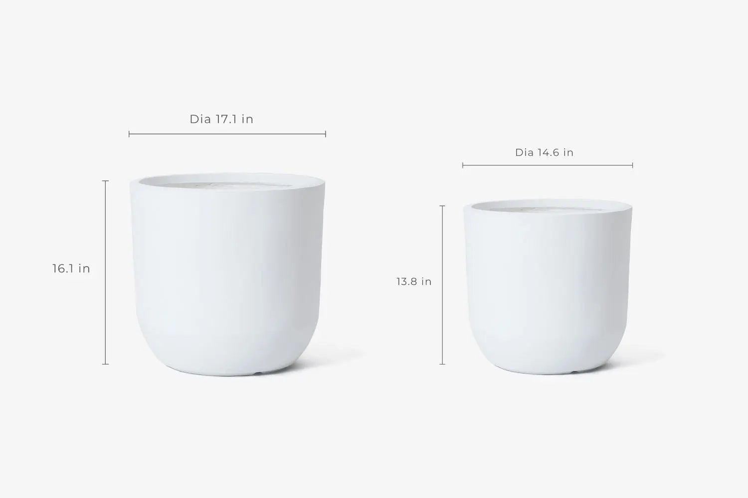 Two white cylindrical planters feature a minimalist design. The left one measures 17.1 inches in diameter and 16.1 inches in height, while the right is 14.6 inches in diameter and 13.8 inches tall, both offering weather-resistant durability for contemporary planter style enthusiasts.