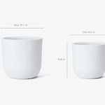 Two white cylindrical planters feature a minimalist design. The left one measures 17.1 inches in diameter and 16.1 inches in height, while the right is 14.6 inches in diameter and 13.8 inches tall, both offering weather-resistant durability for contemporary planter style enthusiasts.