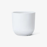 A contemporary, white ceramic planter featuring a minimalist design with a rounded base set against a white background.