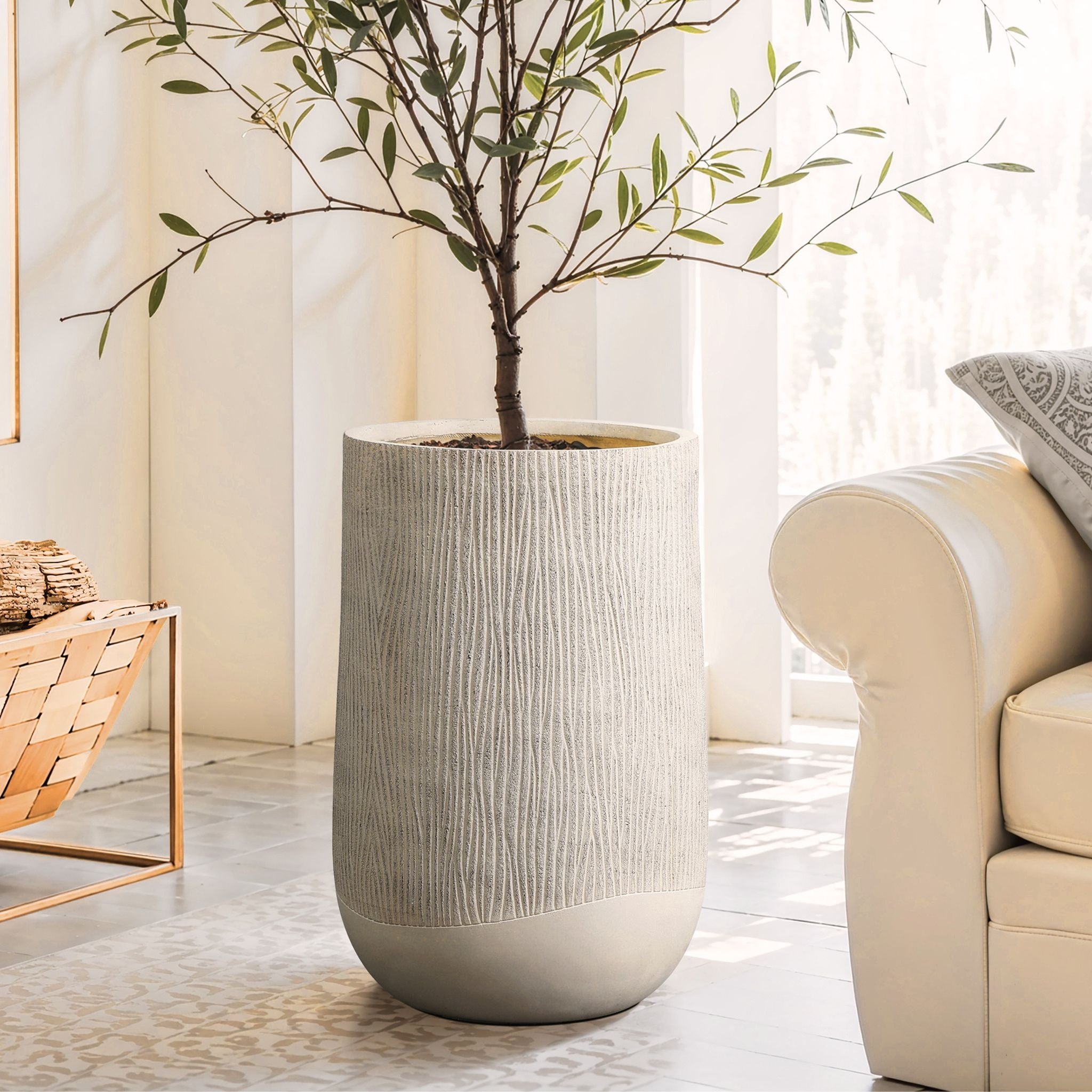 tan planter pot LuxenHome Round Tapered 27-Inch Tall MgO Planter, Indoor and Outdoor