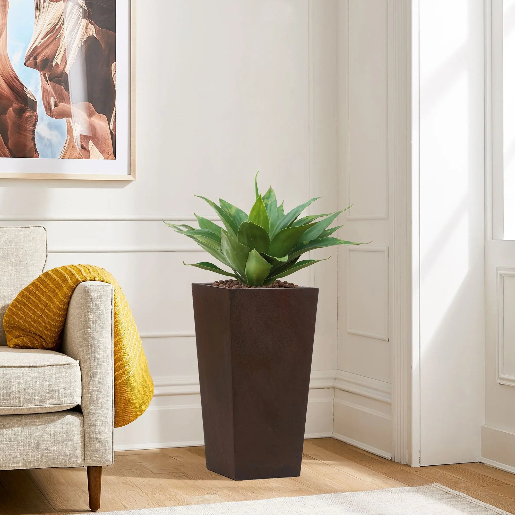 beautiful-indoor-planter-for-faux-plants-in-bronze
