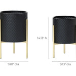Two black metal pot planters with gold stands, crafted in a contemporary modern style. The taller durable iron planter stands 18.38 inches high with a 9.81-inch diameter, while the shorter one is 14.13 inches high with a 9.13-inch diameter, perfect for adding elegance to any space.
.