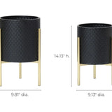 Two black metal pot planters with gold stands, crafted in a contemporary modern style. The taller durable iron planter stands 18.38 inches high with a 9.81-inch diameter, while the shorter one is 14.13 inches high with a 9.13-inch diameter, perfect for adding elegance to any space.
.