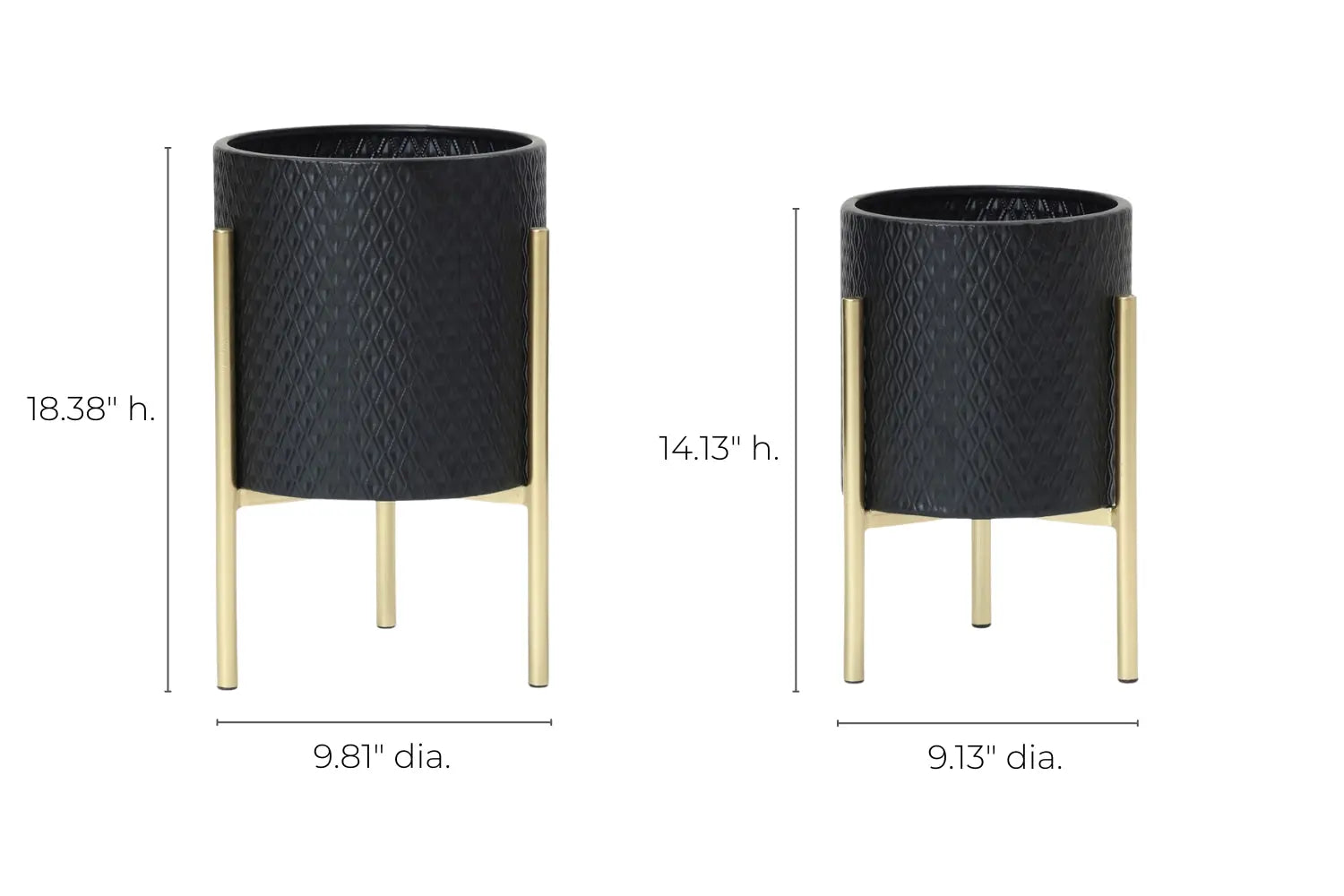 Two black metal pot planters with gold stands, crafted in a contemporary modern style. The taller durable iron planter stands 18.38 inches high with a 9.81-inch diameter, while the shorter one is 14.13 inches high with a 9.13-inch diameter, perfect for adding elegance to any space.
.