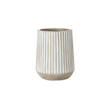 A magnesium oxide planter in beige, featuring vertical white stripes and a tapered top, blends both elegance and durability.