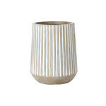 A beige ceramic vase with vertical white ridges, this weather-resistant planter adds a touch of elegance to any space.
