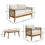 Outdoor Acacia Wood club-style patio furniture set features a rope sides loveseat (55.12x29.53x30.71), chair (29.13x29.53x30.71), and coffee table (43.31x23.21x15.35).
