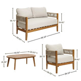 Outdoor Acacia Wood club-style patio furniture set features a rope sides loveseat (55.12x29.53x30.71), chair (29.13x29.53x30.71), and coffee table (43.31x23.21x15.35).