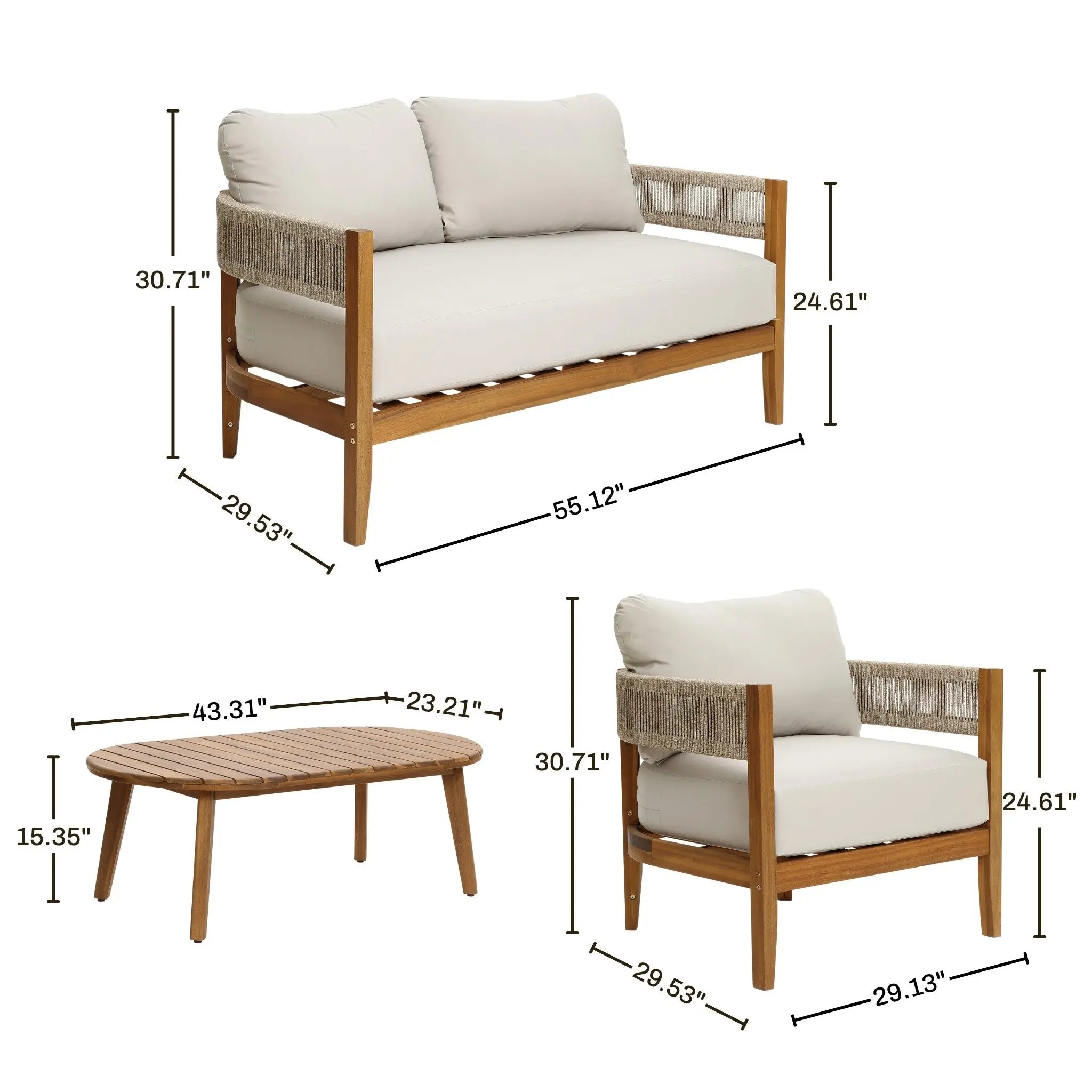 Outdoor Acacia Wood club-style patio furniture set features a rope sides loveseat (55.12x29.53x30.71), chair (29.13x29.53x30.71), and coffee table (43.31x23.21x15.35).