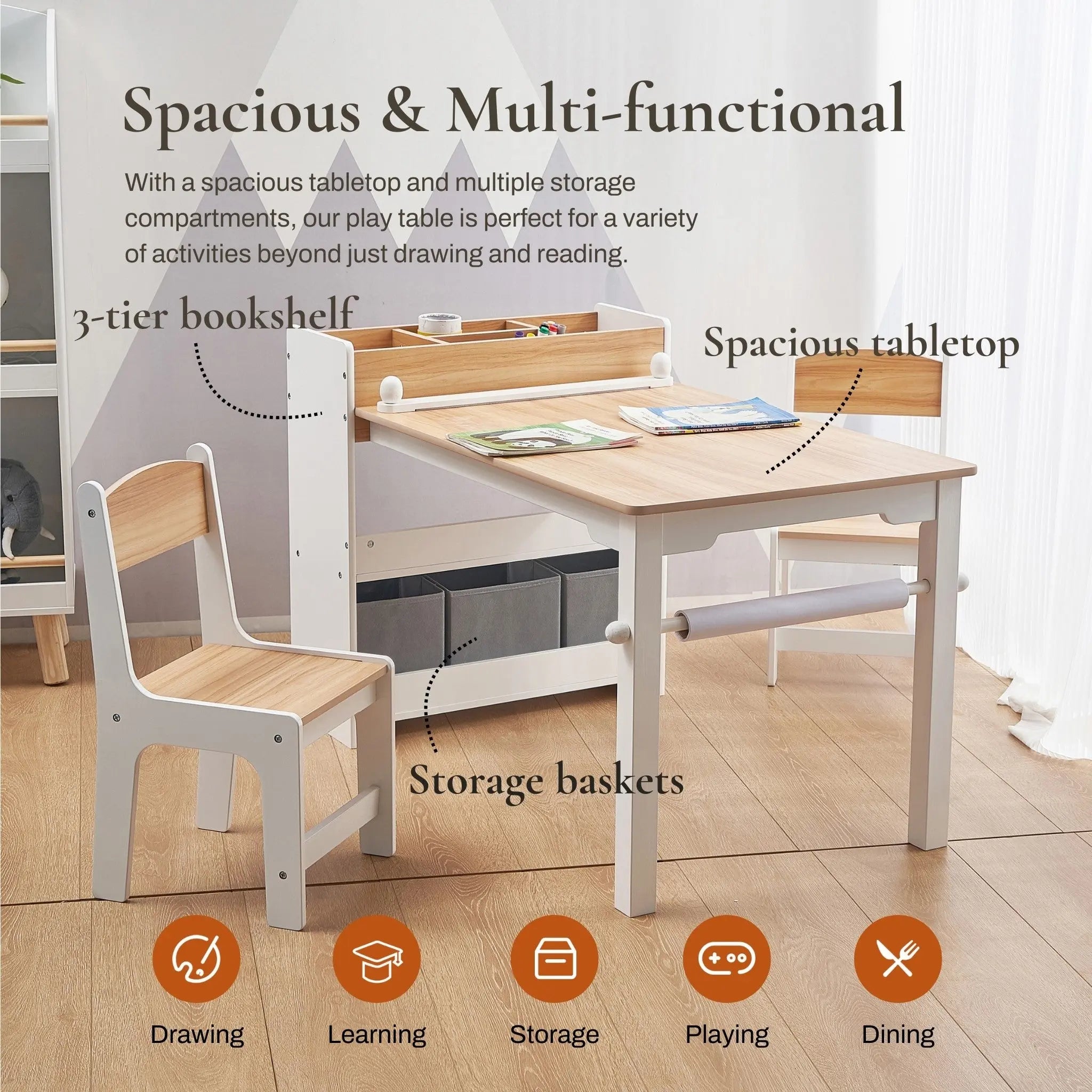 The LuxenHome Children Play Table with Bookcase and 2 Chairs Set showcases a spacious design perfect for drawing, learning, arts and crafts, and playing. The image highlights its 3-tier bookshelf and storage baskets in a bright, cozy setting ideal for charming childrens activities.