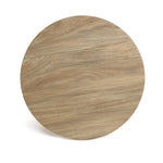 A round, oak-finish tabletop showcases a natural grain pattern, seamlessly blending rustic charm with contemporary design.