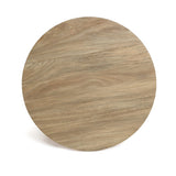 A round, oak-finish tabletop showcases a natural grain pattern, seamlessly blending rustic charm with contemporary design.
