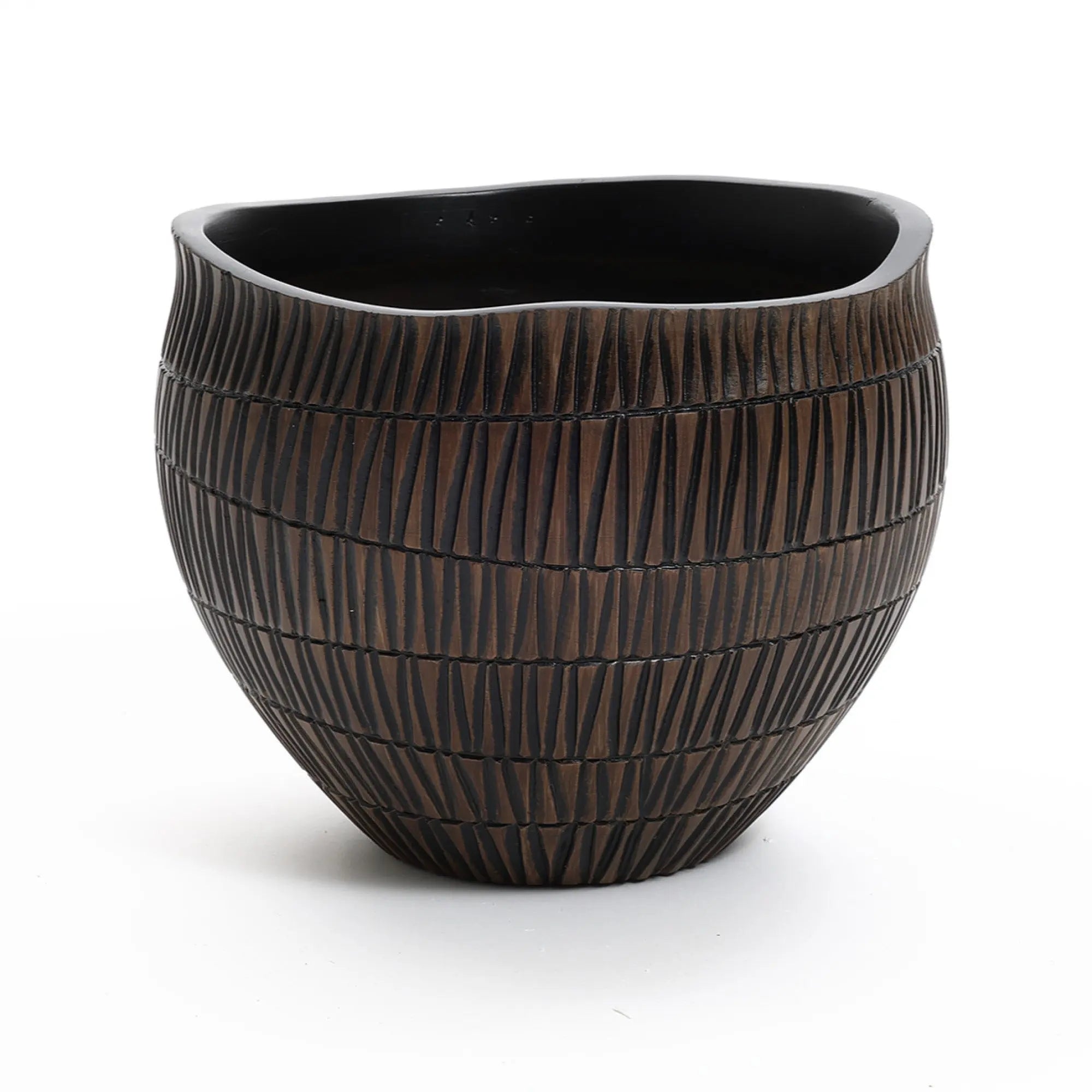 A small, round dark brown resin planter by LuxenHome with vertical grooves and a slightly uneven rim, set against a white background.