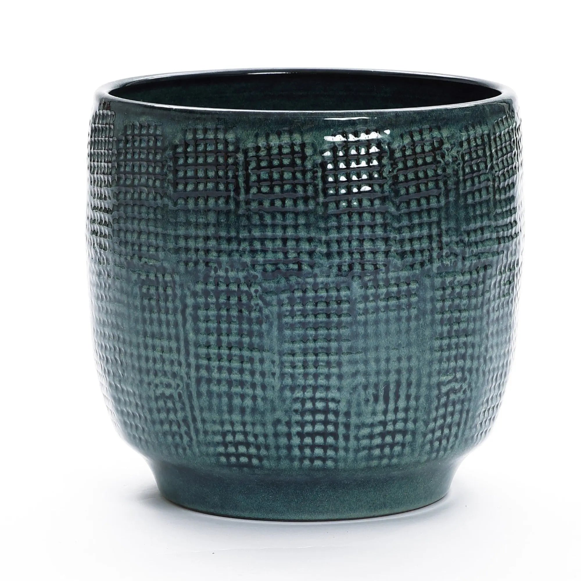 The Marina gray glazed round ceramic planter by LuxenHome is a textured, cylindrical item with a greenish-blue hue and grid pattern, shown against a white background. Measuring 11.22 high, it brings an artistic touch to your decor.