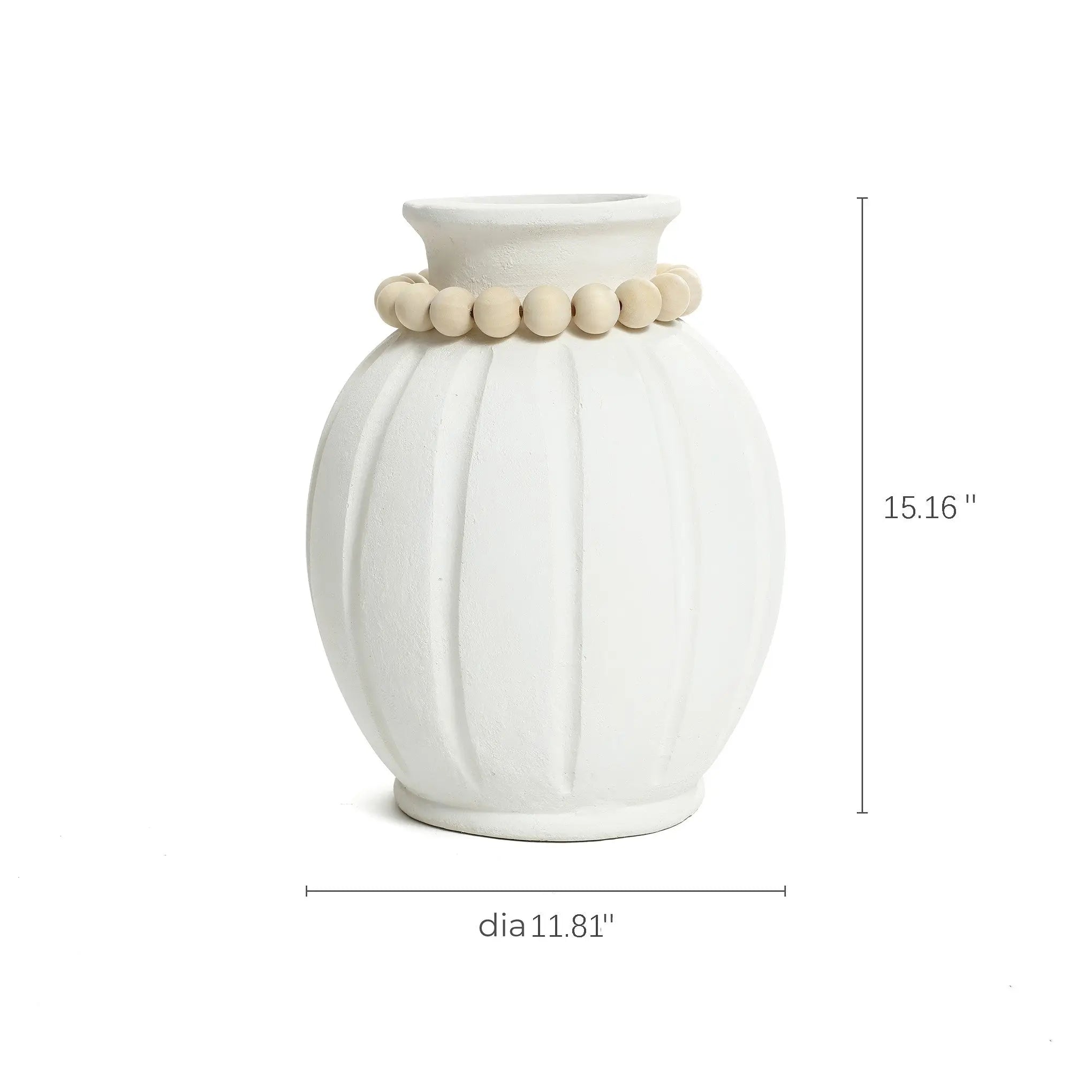 White ceramic vase featuring a wooden bead accent around the neck, showcasing a minimalist design. Its modern round vase shape stands 15.16 inches tall and 11.81 inches in diameter, creating an elegant statement piece for any space.