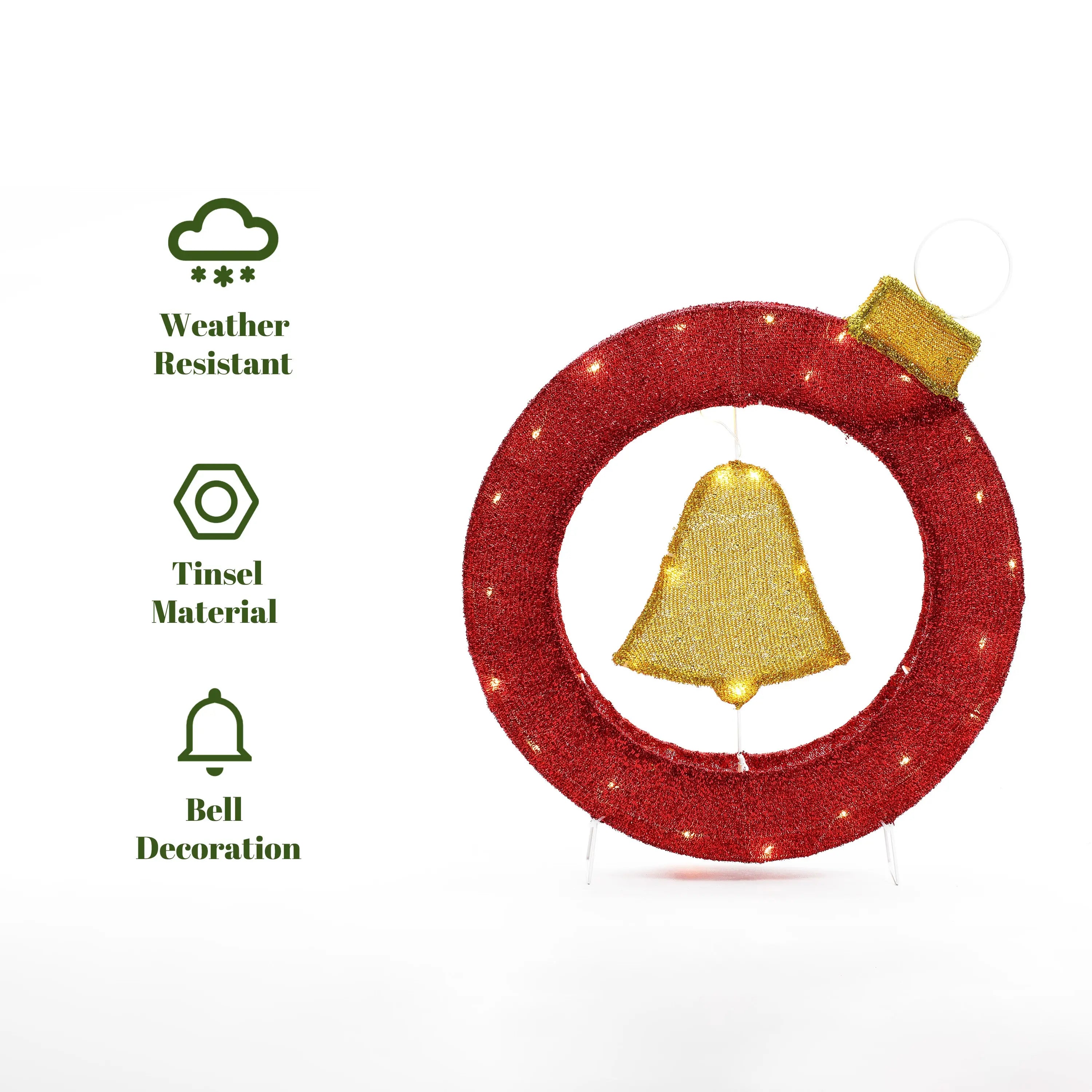 Bell lighted wreath outdoor christmas decoration, 1.9 ft tall - LuxenHome