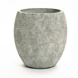 A round, textured Rustic Multi-Color Cement 15.4-Inch Planter by LuxenHome features a subtle wavy pattern in light gray with a hint of green, enhancing its rustic charm as it sits elegantly on a plain white background.