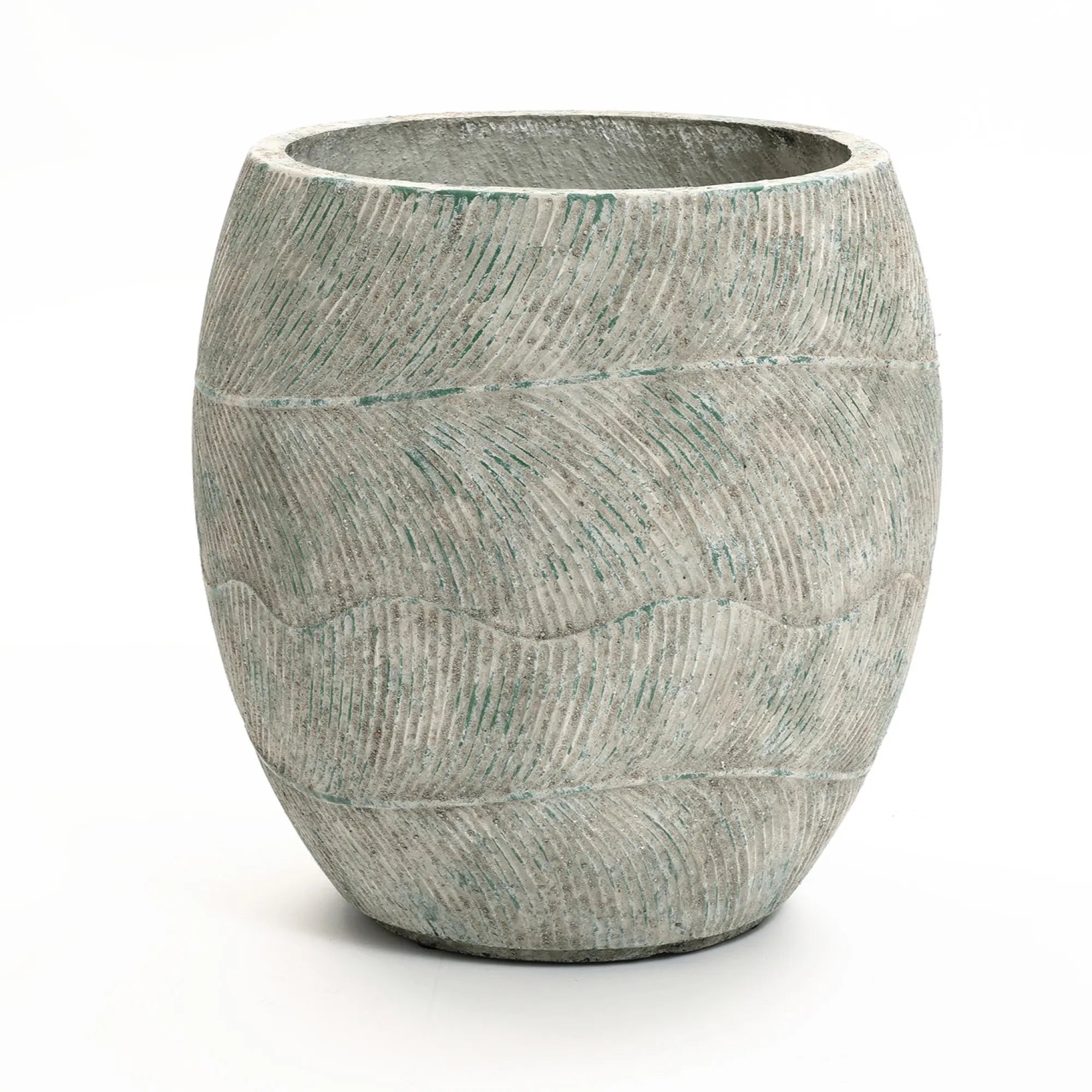 A round, textured Rustic Multi-Color Cement 15.4-Inch Planter by LuxenHome features a subtle wavy pattern in light gray with a hint of green, enhancing its rustic charm as it sits elegantly on a plain white background.