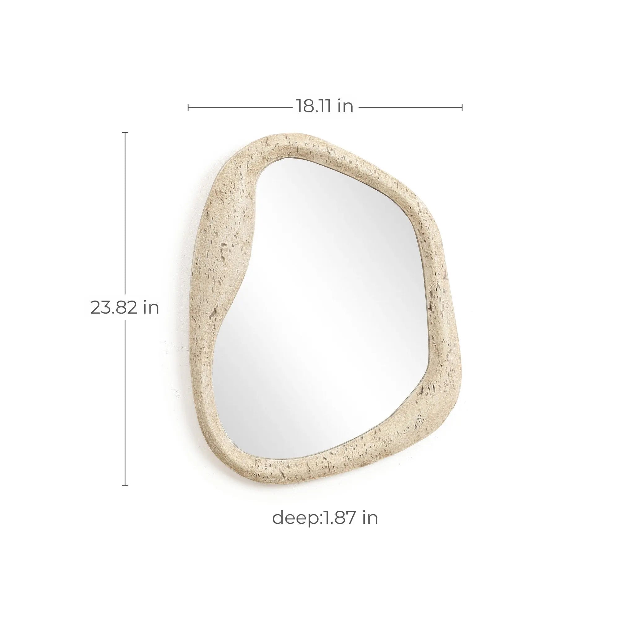 This oval wall mirror features a beige, free-form frame that adds a unique touch to your home decor. Measuring 18.11 inches wide, 23.82 inches tall, and 1.87 inches deep, its perfect for creating an artistic focal point in any room.
