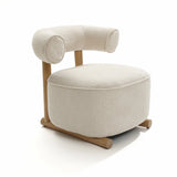 The LuxenHome Rio upholstered cream accent chair combines stylish comfort with a minimalist wooden frame, showcased in its cylindrical backrest and armrests. Its plush, round seat and cream-hued velvet fabric make it ideal for a contemporary living space.