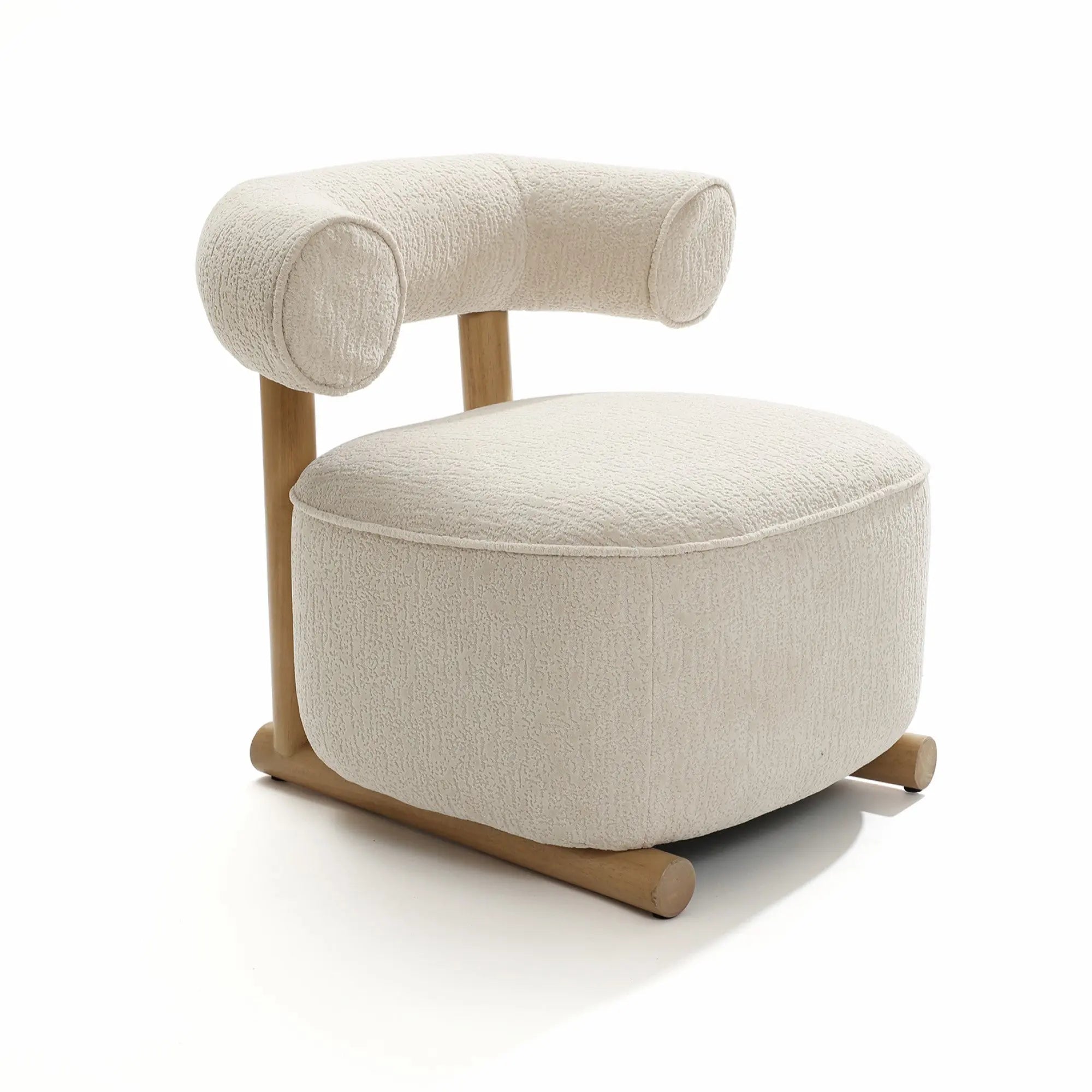 The LuxenHome Rio upholstered cream accent chair combines stylish comfort with a minimalist wooden frame, showcased in its cylindrical backrest and armrests. Its plush, round seat and cream-hued velvet fabric make it ideal for a contemporary living space.