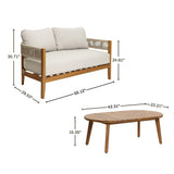 A wooden Outdoor Acacia Wood loveseat with rope sides, cream cushions, and a matching coffee table; dimensions for both pieces are labeled in inches.