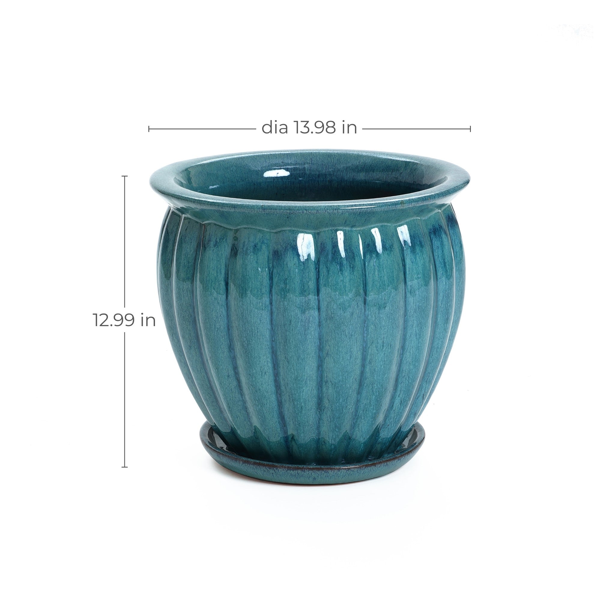 Navy blue ceramic decorative planter with vertical ridges, attached saucer, and drainage holes. Measuring 13.98 inches in diameter and 12.99 inches tall, this pot adds elegance to any space.