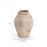 A handcrafted terracotta urn vase from LuxenHome, featuring rustic ribbed texture on a white background, stands 13.2 inches tall with vertical and horizontal lines accentuating its dimensions.