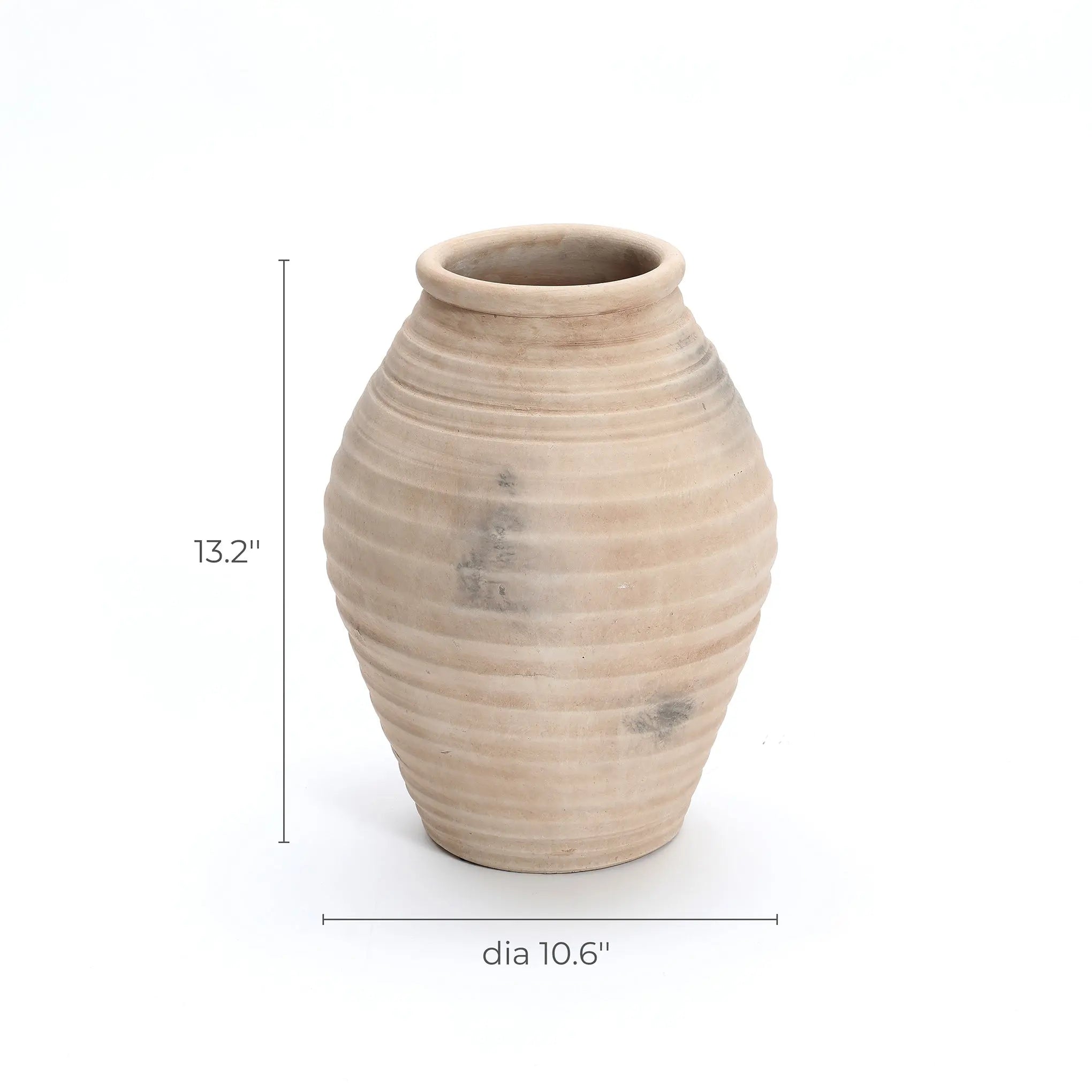 A handcrafted terracotta urn vase from LuxenHome, featuring rustic ribbed texture on a white background, stands 13.2 inches tall with vertical and horizontal lines accentuating its dimensions.