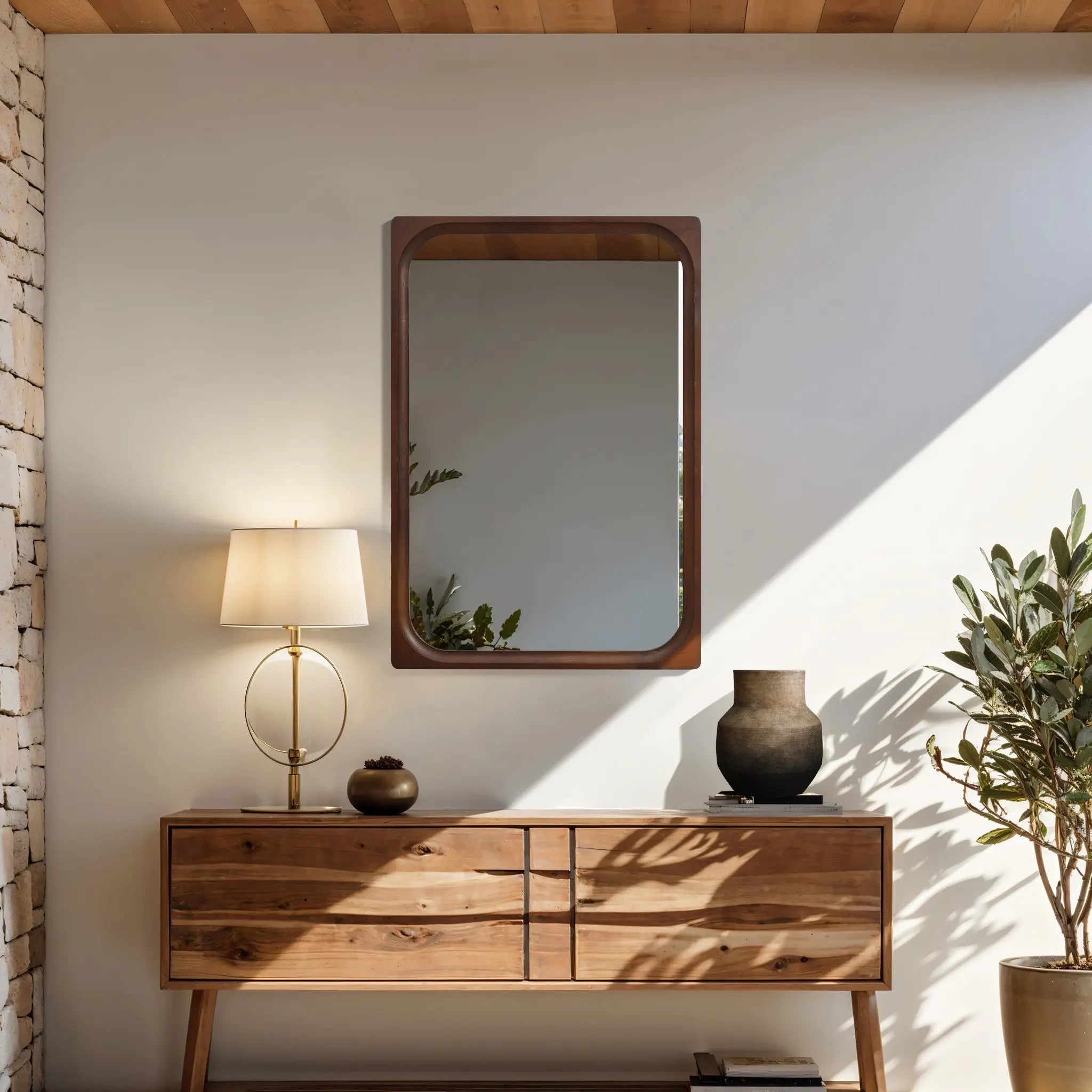 Modern interior with a sleek wooden sideboard and a round table lamp. A striking wall mirror with a rubberwood frame hangs prominently above. A potted plant basks in sunlights glow, embodying refined home decor.