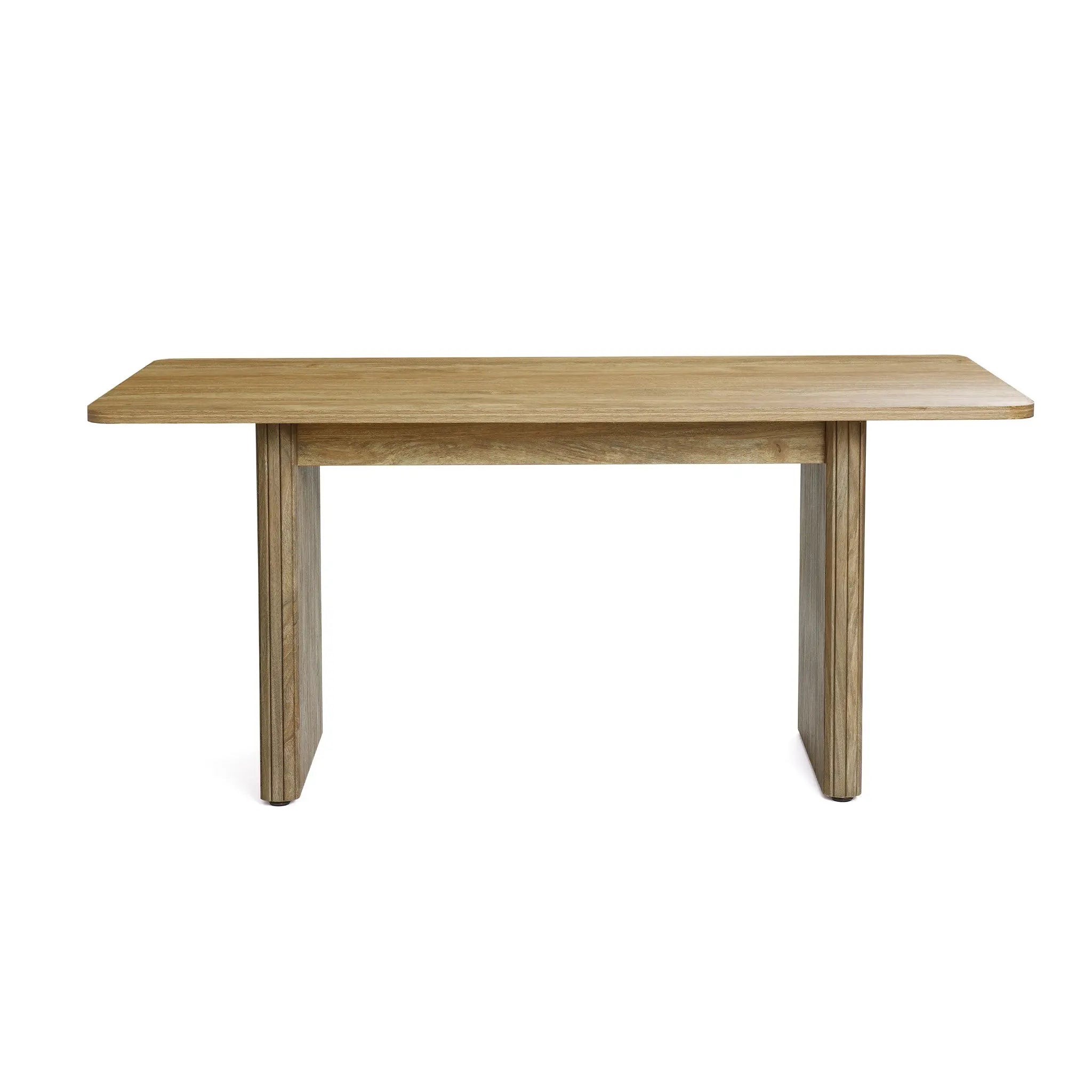The LuxenHome Aria wood finish dining table features a minimalist design with a 63 wide rectangular top and sturdy legs. Its smooth light brown finish complements various decor styles, making it ideal for family gatherings or intimate dinners for up to six people.