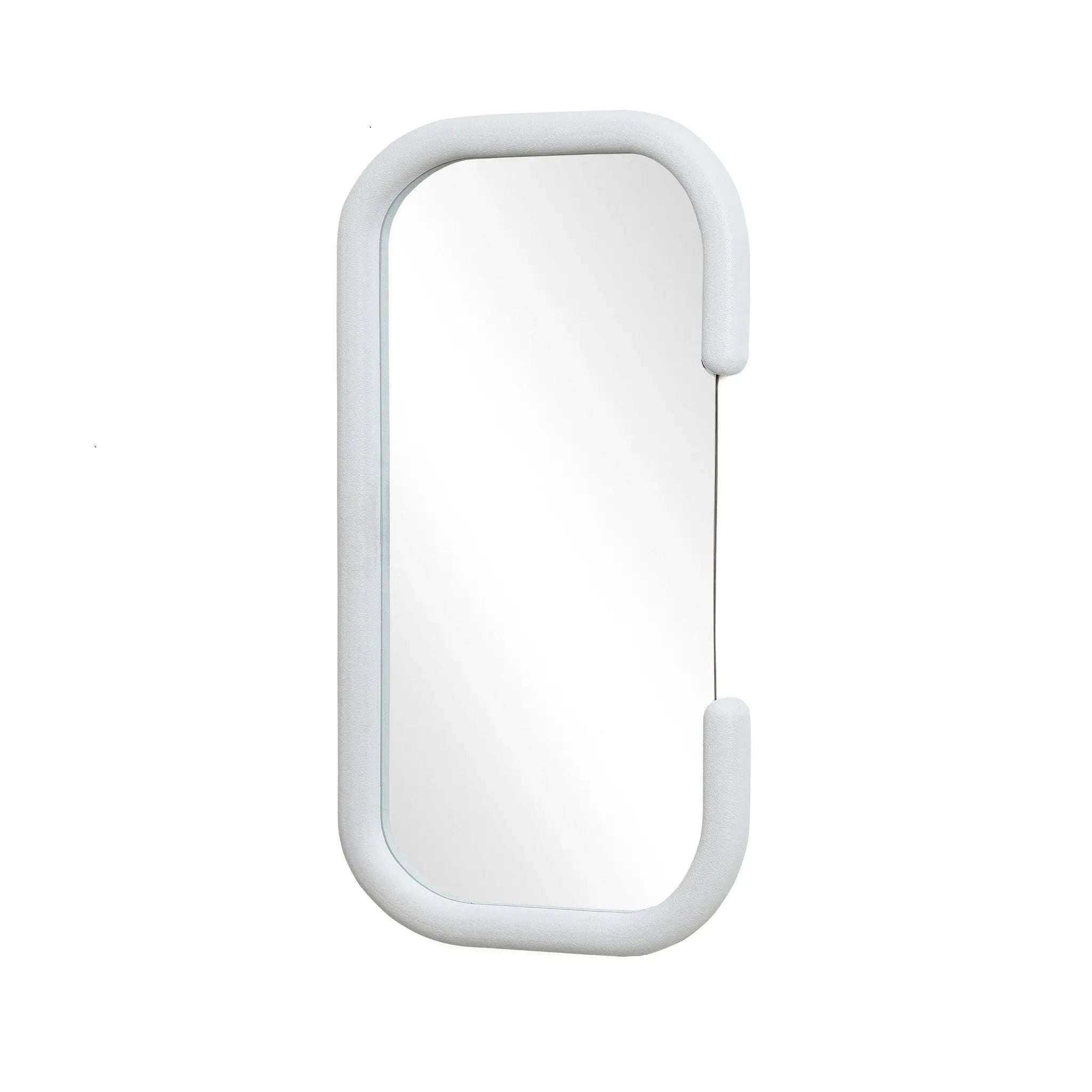 An oval mirror with a white padded frame, its C-shaped silhouette is slightly curved at the corners, embodying modernist elegance.