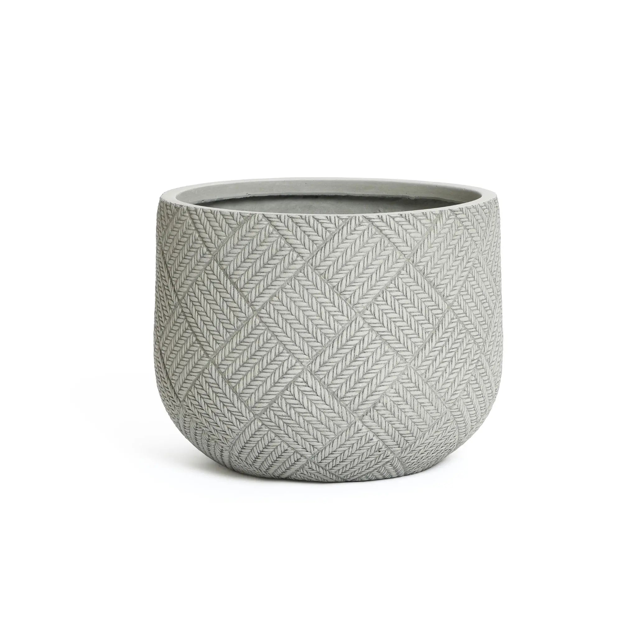 Gray planter crafted from durable MgO material, featuring a textured, crisscross pattern on the surface.