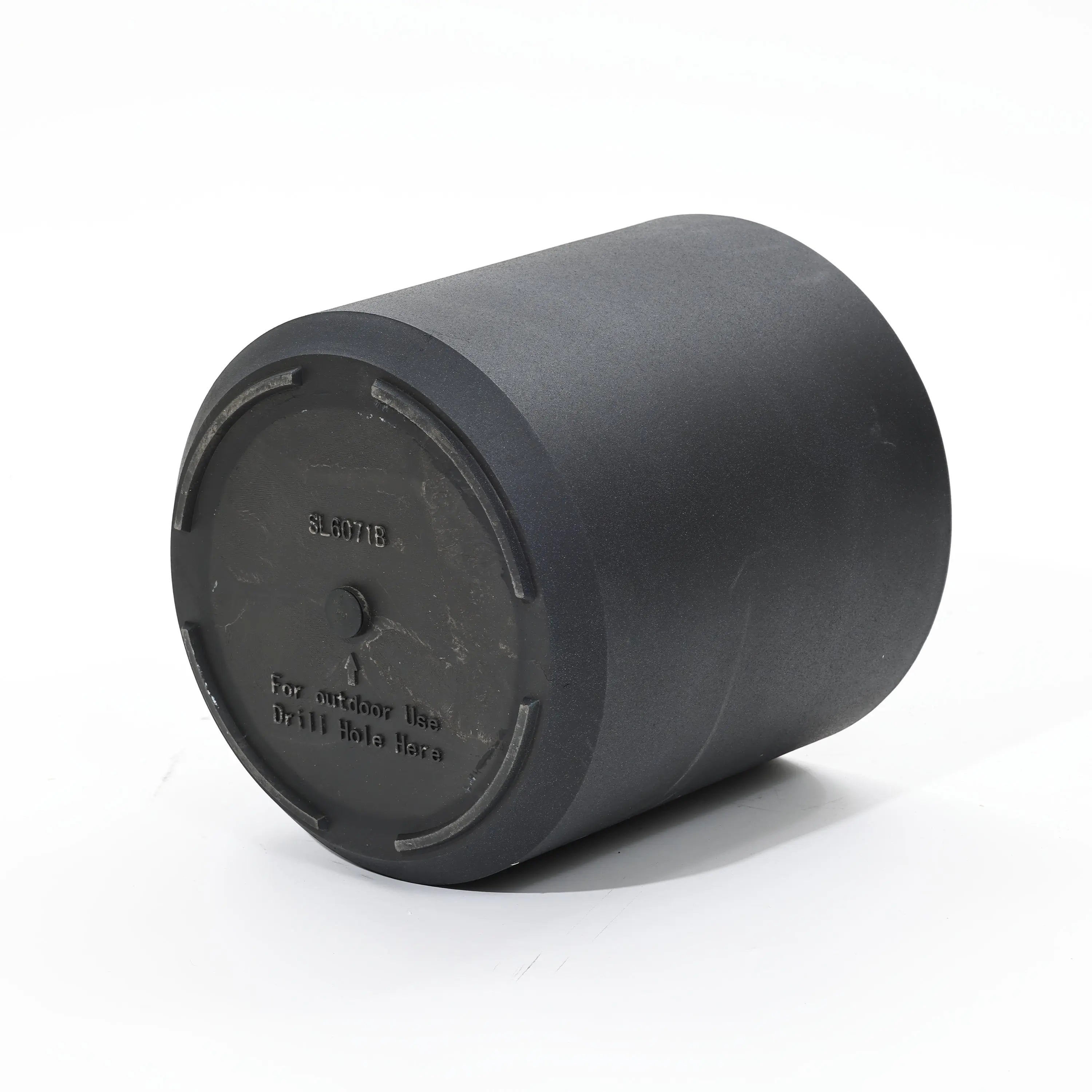 A black cylindrical drum with a flat top, ideal for planters, features an embossed instruction that reads, For outdoor use. Drill hole here. Crafted to be durable, it promises long-lasting performance in any outdoor setting.