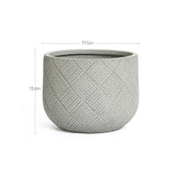 A grey, textured round planter crafted from durable MgO material features a woven pattern and includes a drainage hole. Measuring 17.5 inches in width and 13.6 inches in height, it combines style with functionality for your gardening needs.