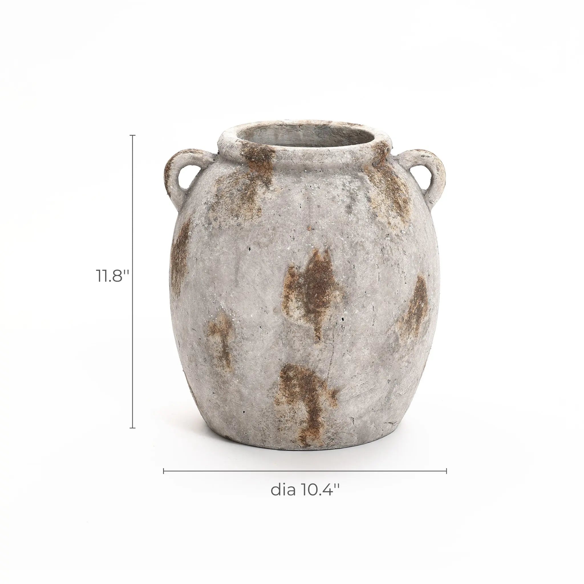 A weathered, gray stone vase with two handles, reminiscent of a terracotta jug vase, measures 11.8 inches tall and 10.4 inches in diameter. The piece boasts a handcrafted charm and vintage appeal that adds timeless elegance to any space.