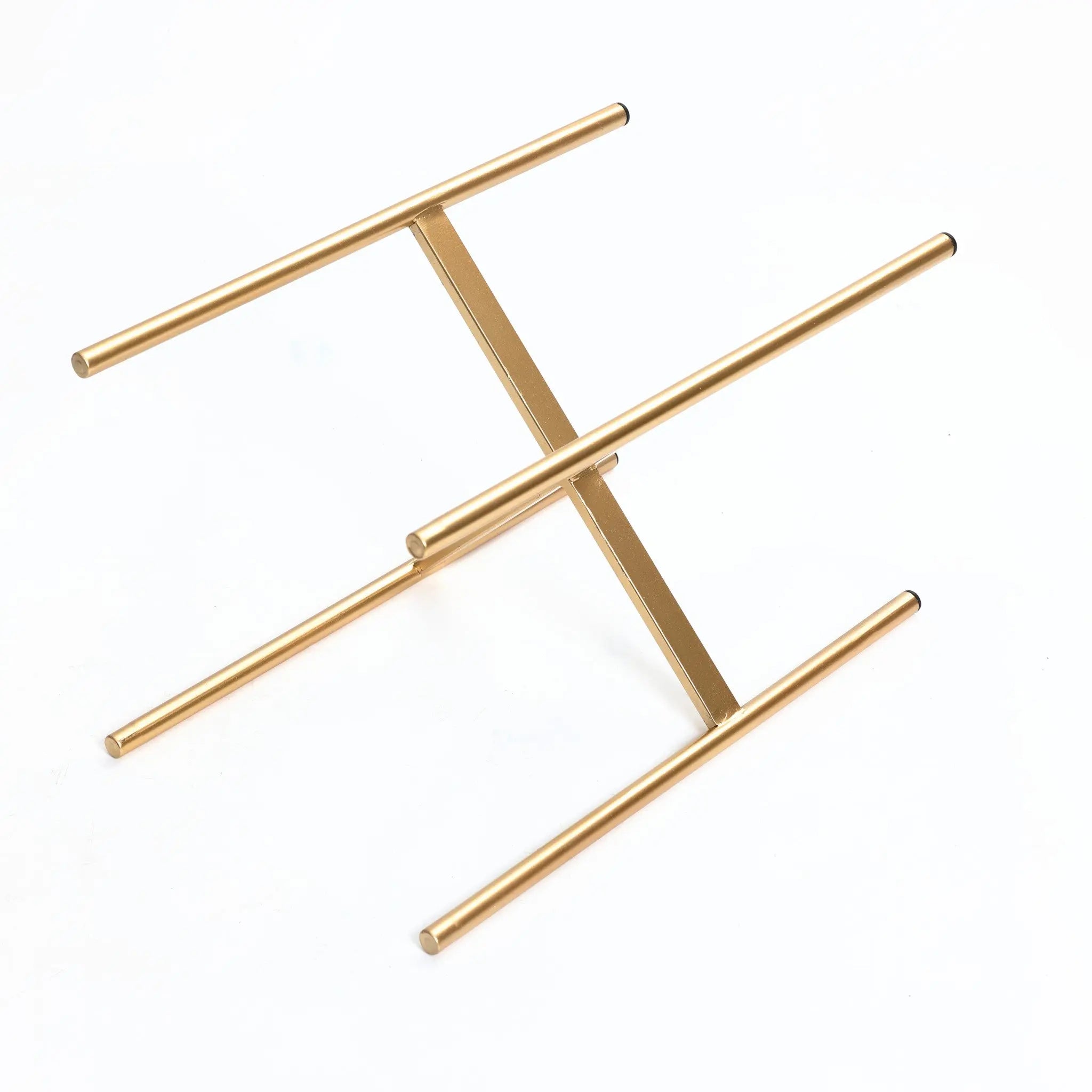 A gold metal stand forms an abstract H-like structure with a central vertical bar supporting two parallel horizontal bars, exuding elegance akin to an artful planter set.