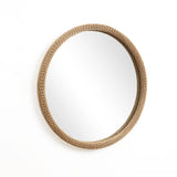 Decorative round mirror featuring a woven, textured bamboo wood frame set against a white background.