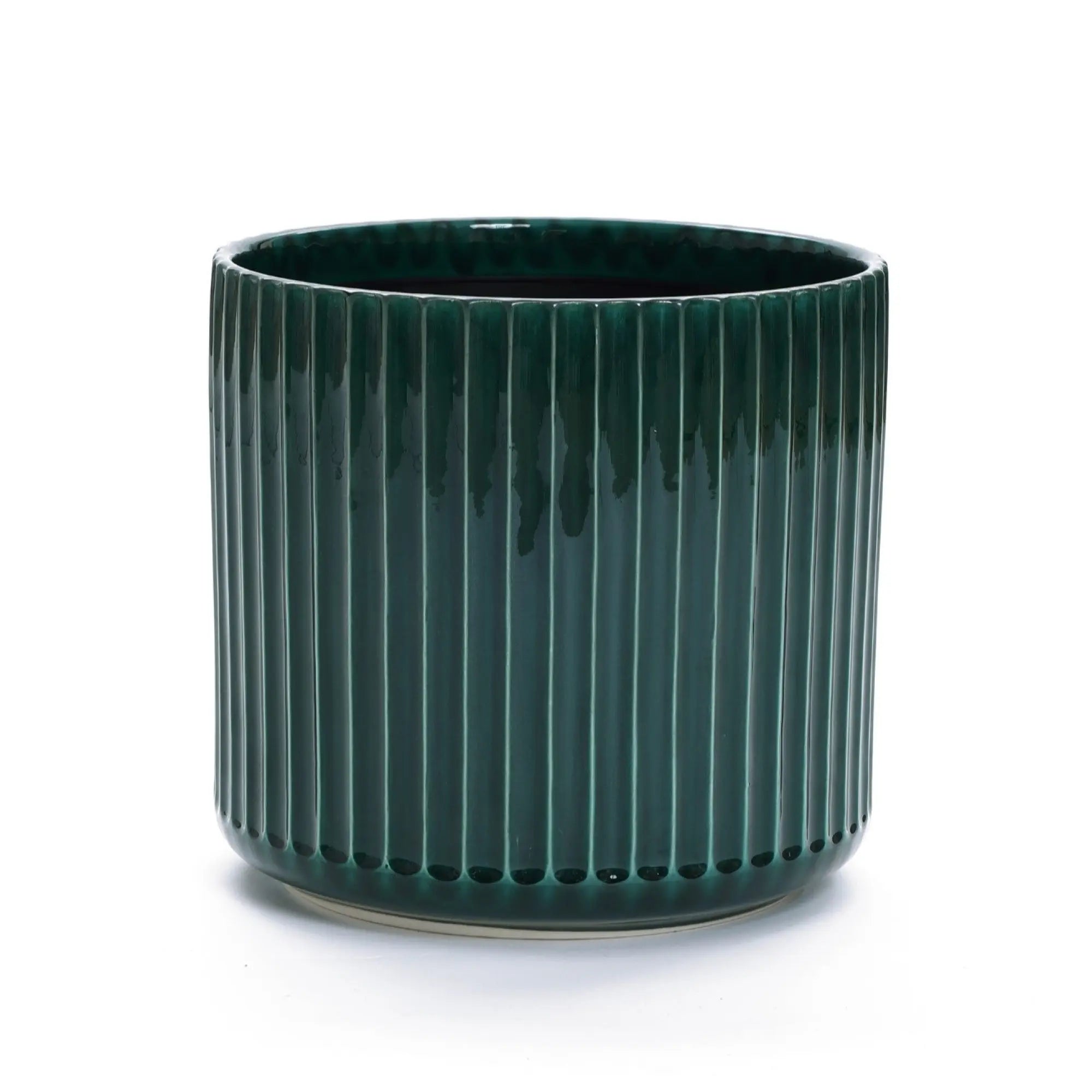The LuxenHome Jade green ribbed glazed round ceramic planter, 11.81 h, features vertical ridges and a glossy finish. This cylindrical planter with a drainage hole embodies the Modern Plant Paradise aesthetic against a plain white background.