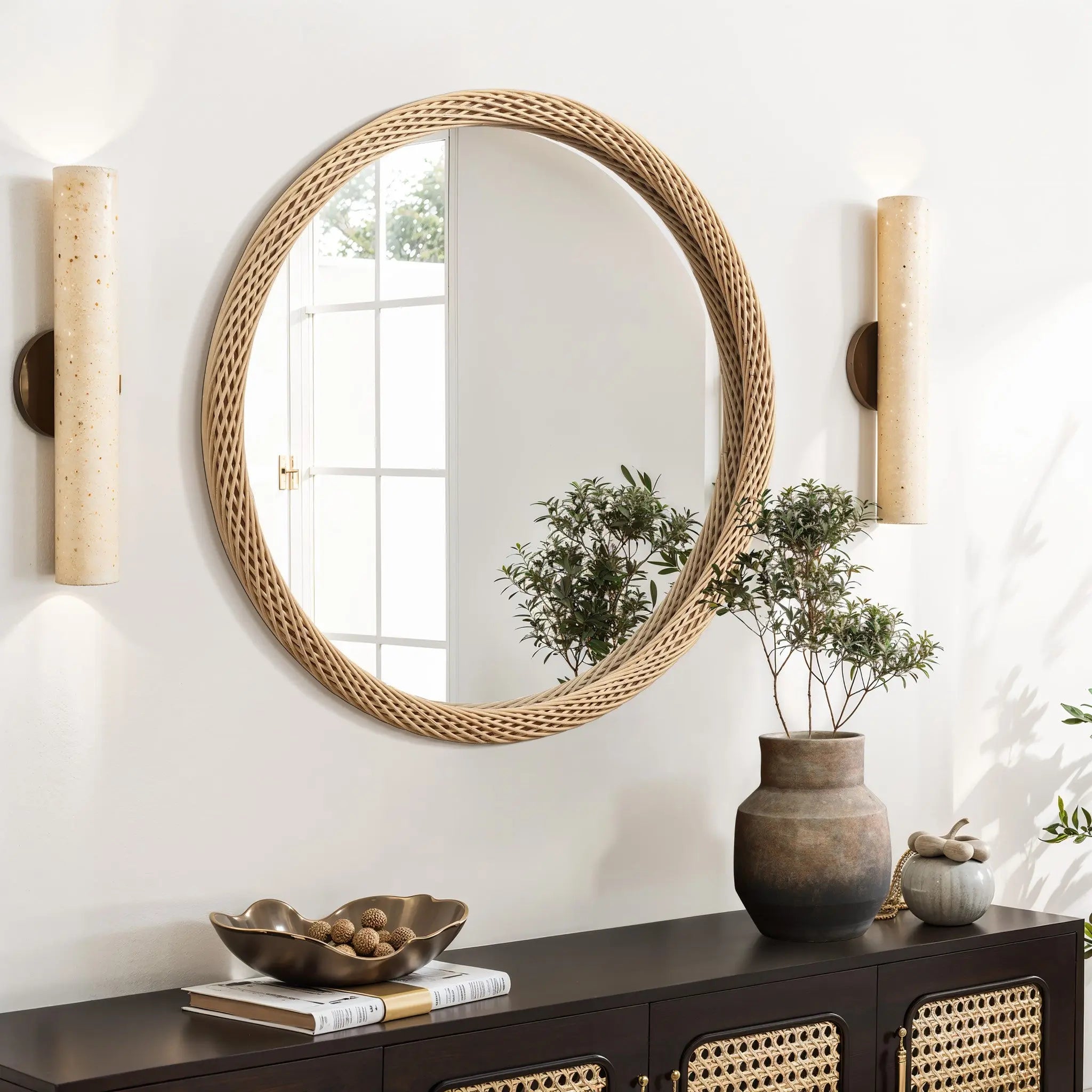 A large round mirror with a decorative bamboo wood frame hangs on a wall between two sconces. Below, a dark cabinet holds a vase with greenery, decorative bowl, and books.