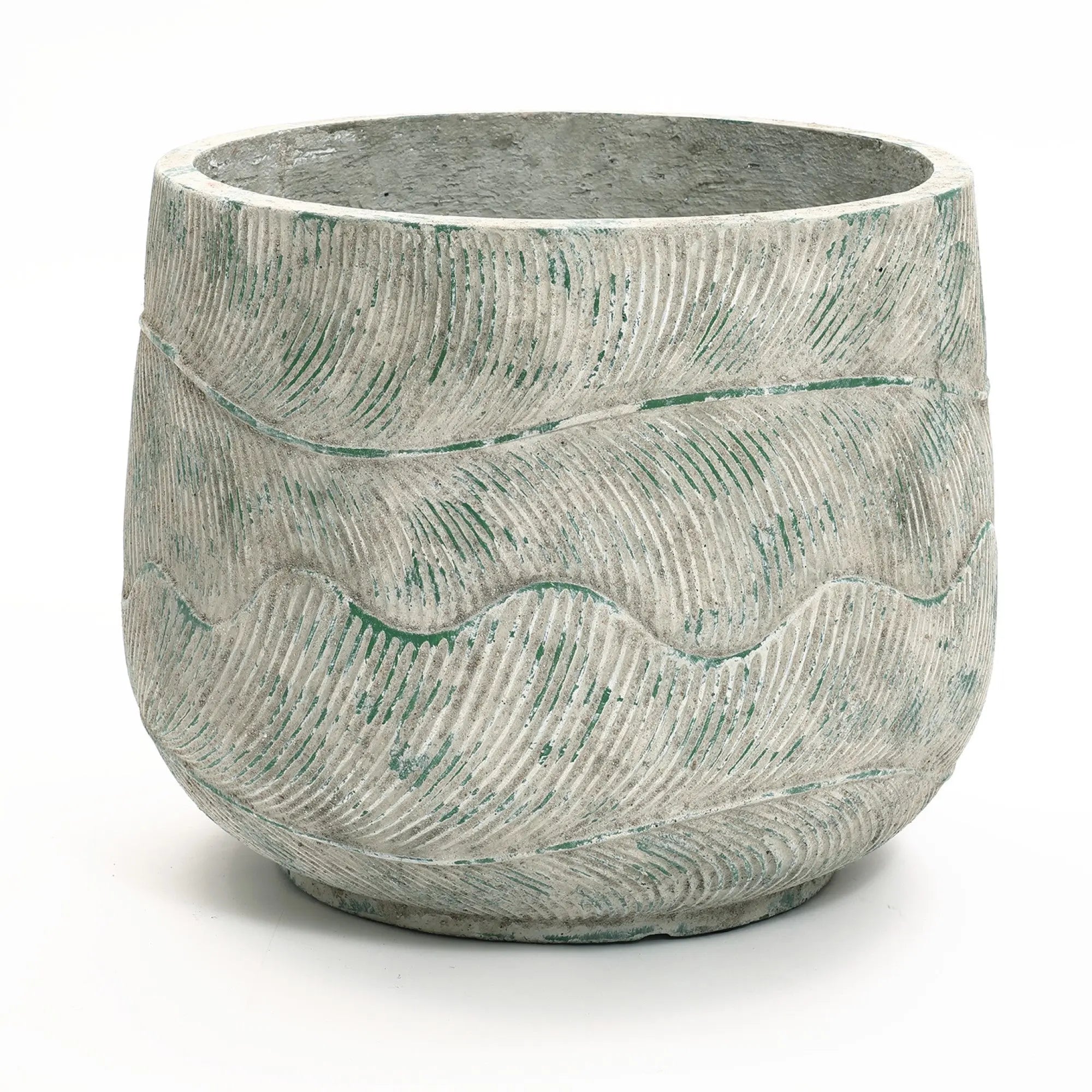 The LuxenHome Rustic Multi-Color Cement 14-Inch Round Planter features a natural stone finish with wavy engraved patterns and subtle greenish hues, creating an earthy, weathered aesthetic.
