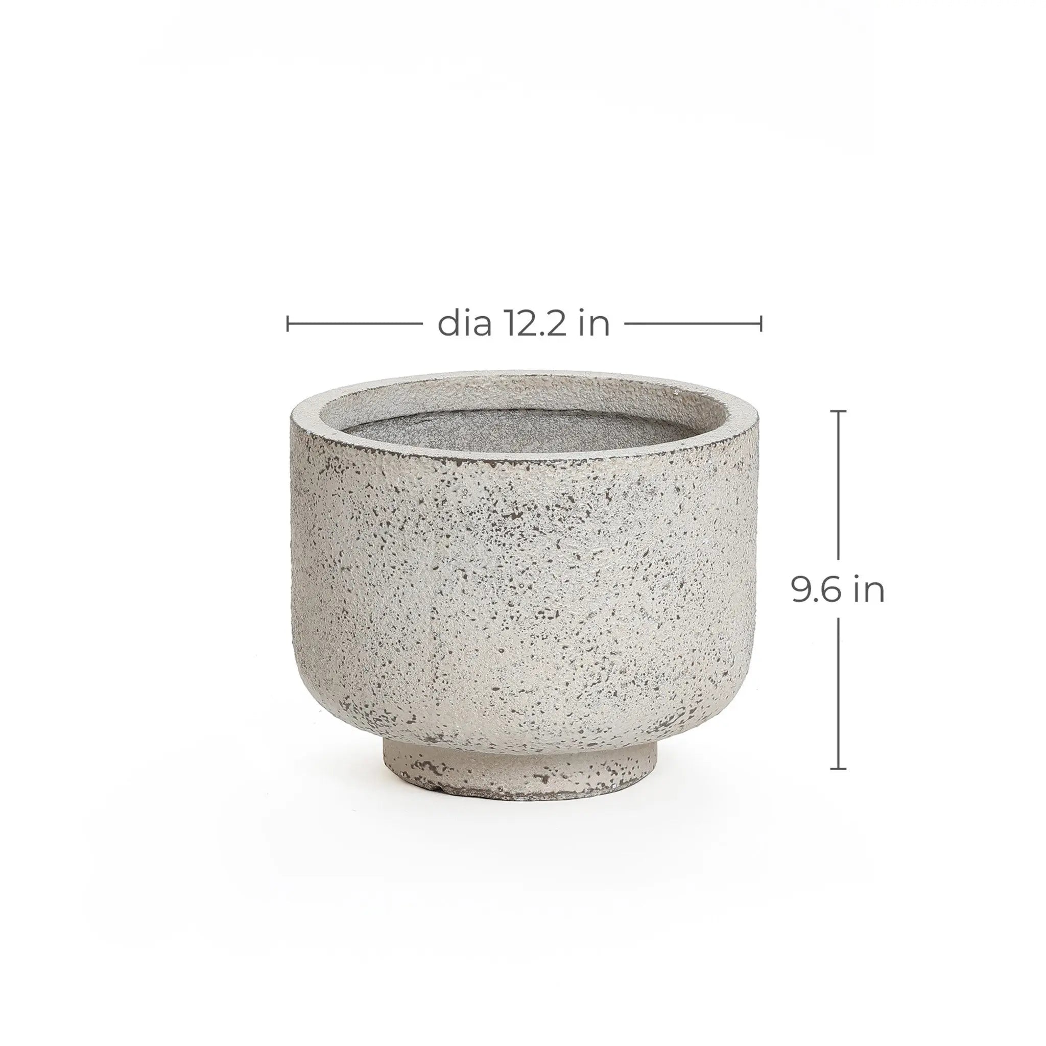 A textured, retro minimalist decor planter in white and gray, featuring a diameter of 12.2 inches and a height of 9.6 inches, sits elegantly on a white background.