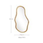 Irregularly shaped mirror with a thick, natural pine wood frame makes a stunning decorative statement. It measures 31.5 inches in height, 17.52 inches in width, and 1.18 inches in depth for an elegant addition to any room.