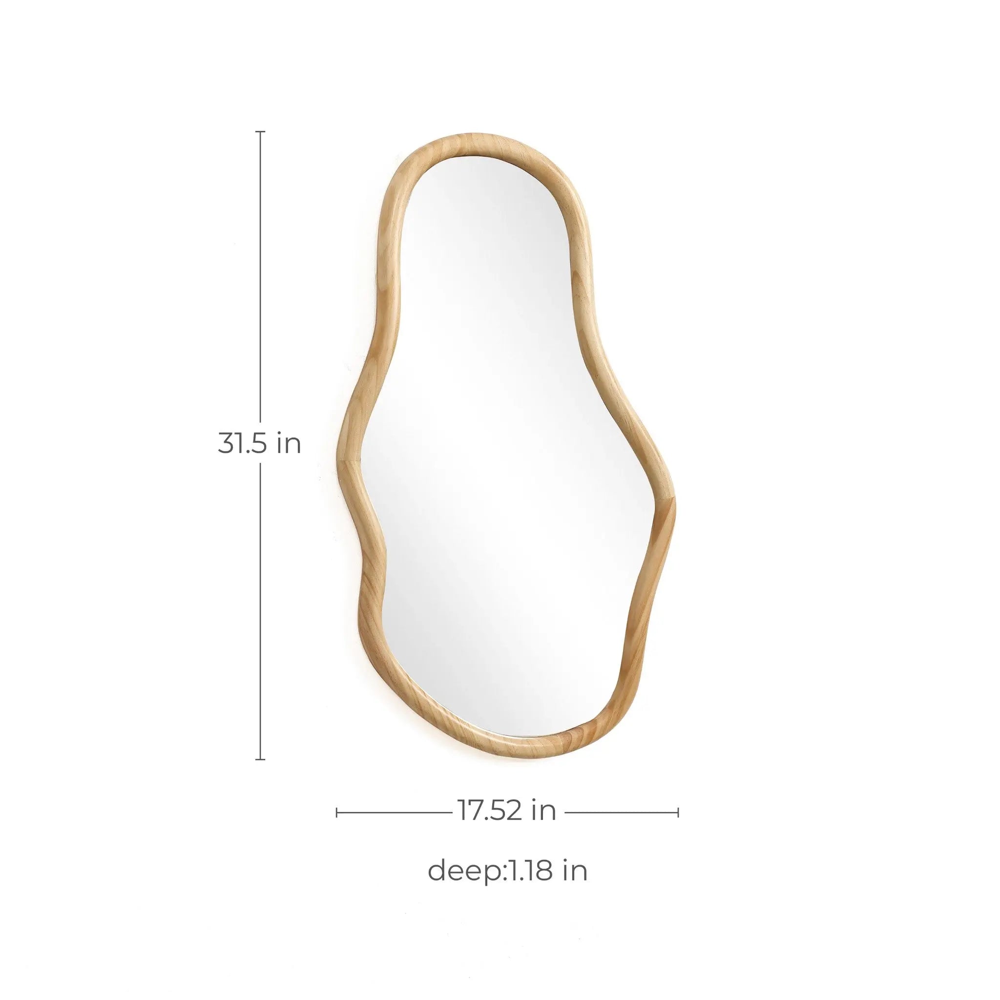 Irregularly shaped mirror with a thick, natural pine wood frame makes a stunning decorative statement. It measures 31.5 inches in height, 17.52 inches in width, and 1.18 inches in depth for an elegant addition to any room.