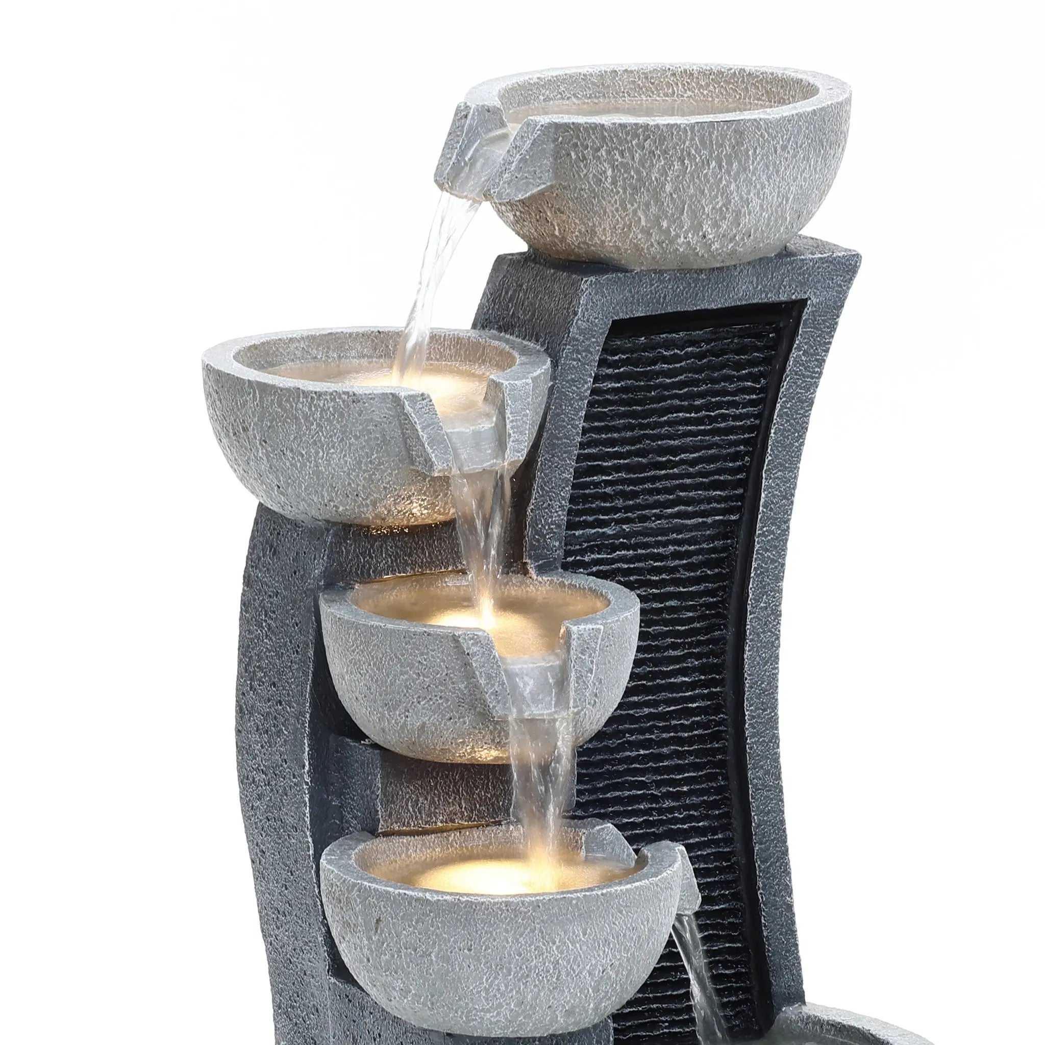 Modern cascading resin outdoor water fountain with LED lights - LuxenHome